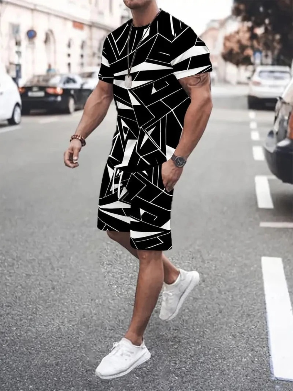 Men's Black & White Geometric Swim Board Shorts
